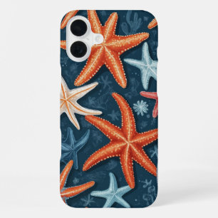 Vibrant Starfish Pattern on Deep Blue iPhone 16 Plus Case