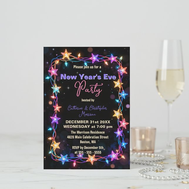 Vibrant Starry String Lights New Year's Eve Party Invitation (Creator Uploaded)