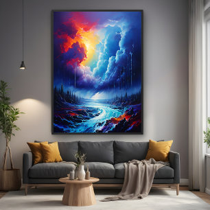 Vibrant Stormy Sky Abstract River Landscape Art Poster
