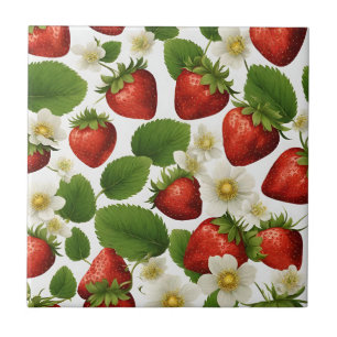 Vibrant Strawberries, Leaves and Flowers Ceramic Tile