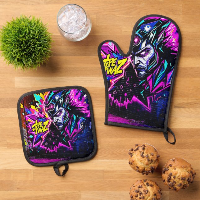 Vibrant Street Art Glow Oven Mitt & Pot Holder Set (Top Down)