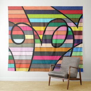 Vibrant Striped Abstract with Bold Black Swirls Tapestry