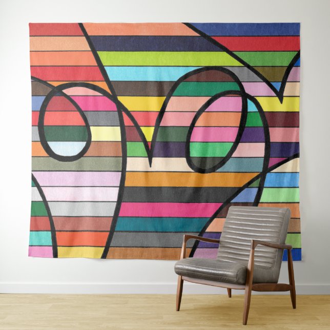 Vibrant Striped Abstract with Bold Black Swirls Tapestry (In Situ (Horizontal))