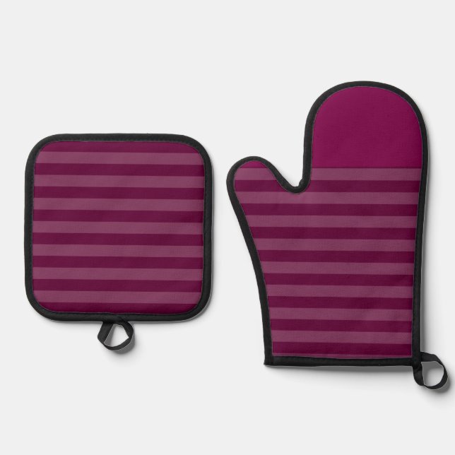 Vibrant Striped Maroon Matching   Oven Mitt & Pot Holder Set (Front)