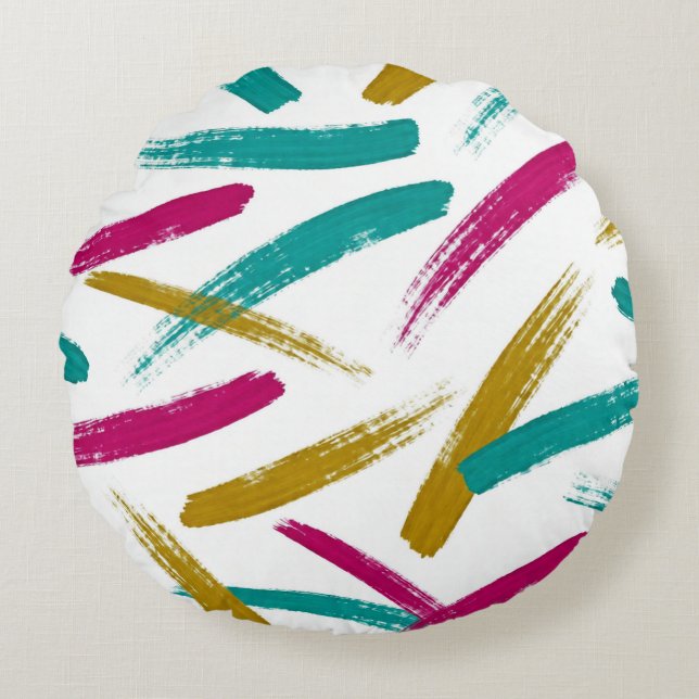 Vibrant Strokes,Teal, Magenta & Mustard pattern Round Cushion (Front)