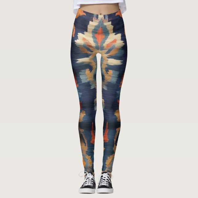 Vibrant Stylish Earthy Tones Pattern Ikat Text Leggings (Front)