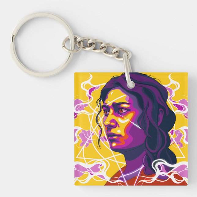 Vibrant Stylized Portrait with Abstract Elements Key Ring (Front)