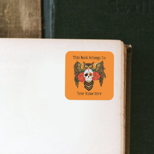 Vibrant Sugar Skull Owl Red Roses Bookplate Square Sticker