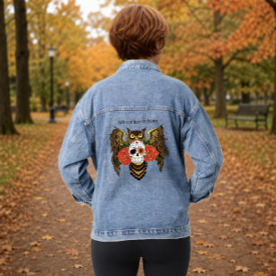Vibrant Sugar Skull Owl Red Roses Denim Jacket