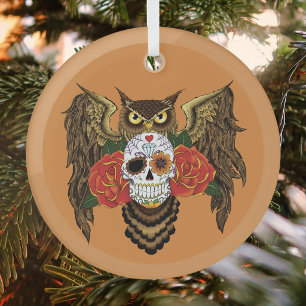 Vibrant Sugar Skull Owl Red Roses  Glass Tree Decoration
