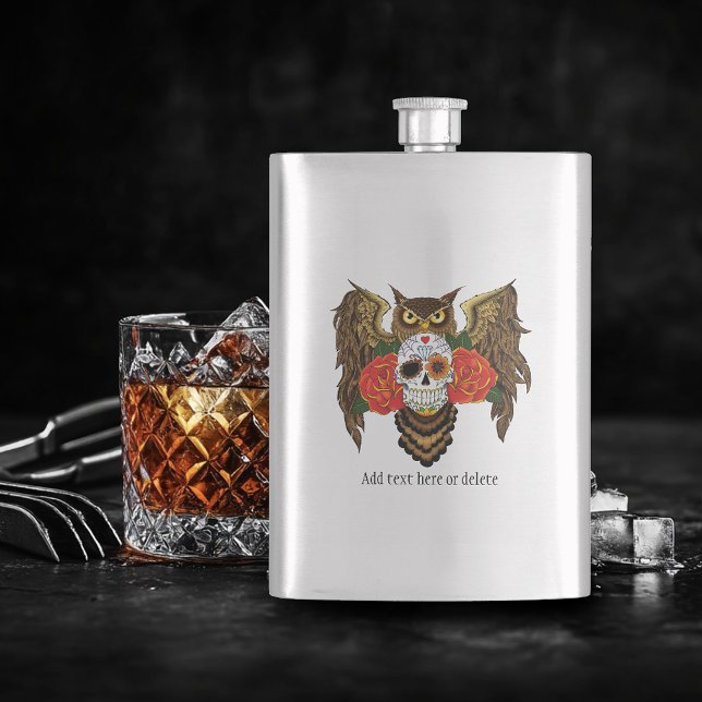 Vibrant Sugar Skull Owl Red Roses  Hip Flask (Creator Uploaded)