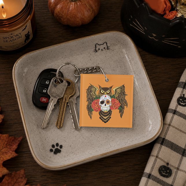 Vibrant Sugar Skull Owl Red Roses  Key Ring (Creator Uploaded)