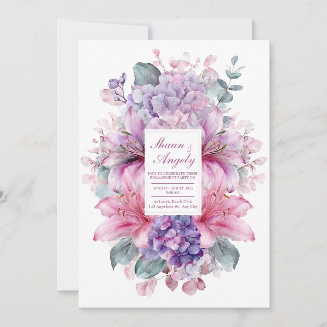 Vibrant Summer Bloom Pink and Purple Wedding Invitation (Front)