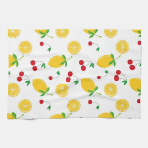 Vibrant Summer Citrus Lemon and Red Cherries  Tea Towel