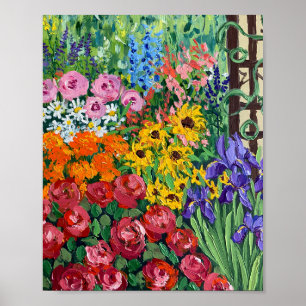 Vibrant Summer Cottage Garden Oil Painting Poster
