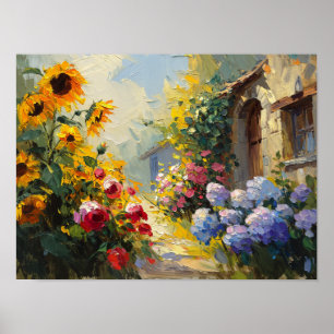 Vibrant Summer Cottage Garden Oil Painting Poster