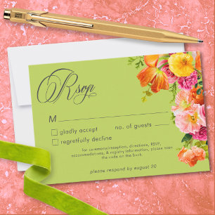 Vibrant Summer Floral Lime Orange Pink Wedding RSVP Card