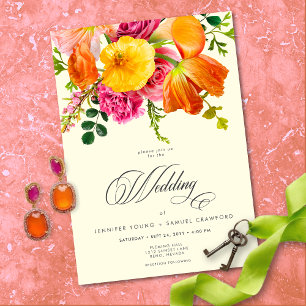 Vibrant Summer Floral Yellow Orange Pink Wedding Invitation