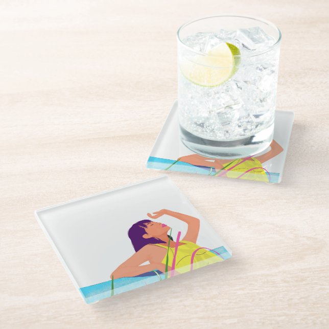 Vibrant Summer Girl Glass Coaster –Colour Pop Art  (Angled)
