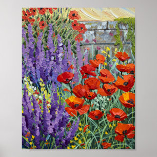 Vibrant Summer Poppy and Lavender Garden Oil Paint Poster