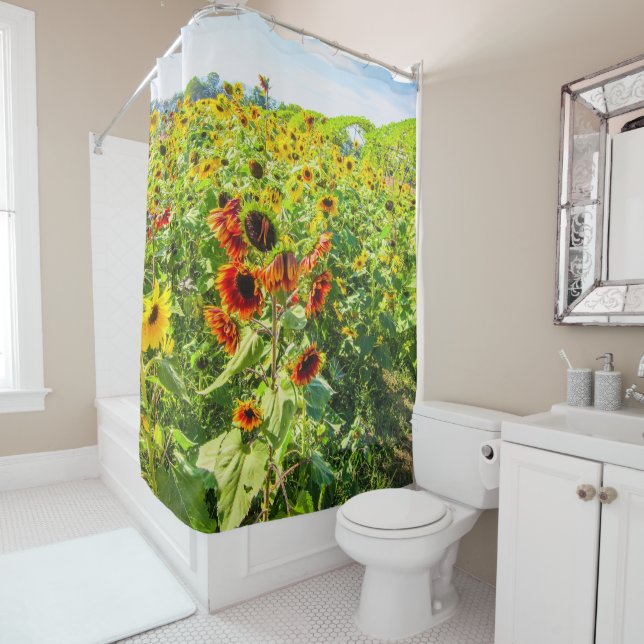 Vibrant Summer Sunflower Field On Sunny Day Shower Curtain (In Situ)
