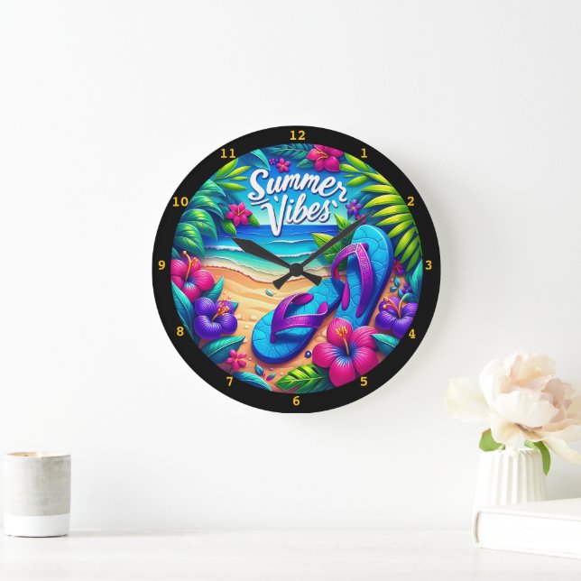 Vibrant "Summer Vibes" Beach Wall  Large Clock (Home)