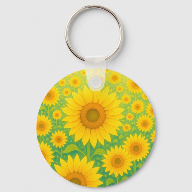 Vibrant Sunflower Field Pattern Key Ring (Front)