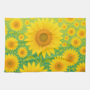 Vibrant Sunflower Field Pattern Tea Towel