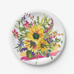 Vibrant Sunflowers Wildflowers Floral Watercolor Paper Plate