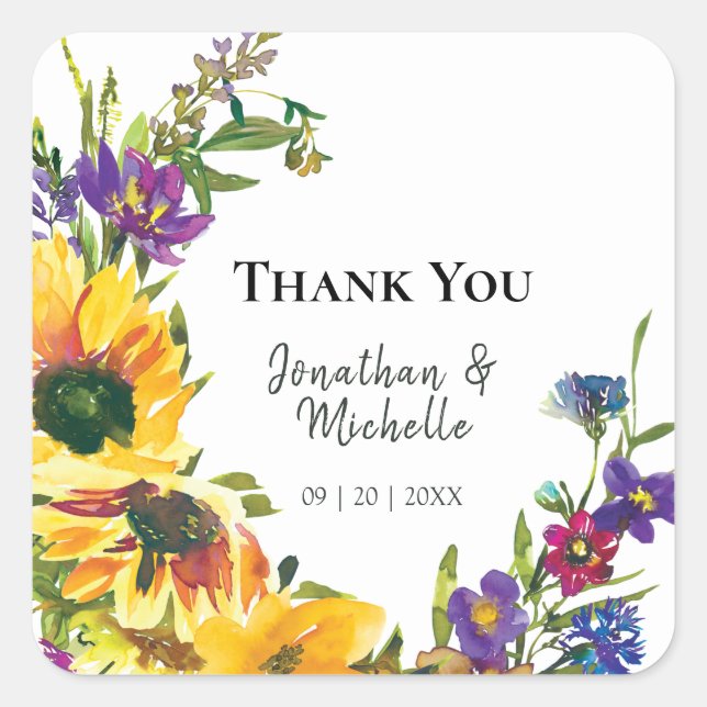 Vibrant Sunflowers Wildflowers Thank You Wedding Square Sticker (Front)
