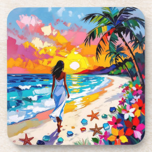 Vibrant Sunset Abstract Beach Scene   Coaster
