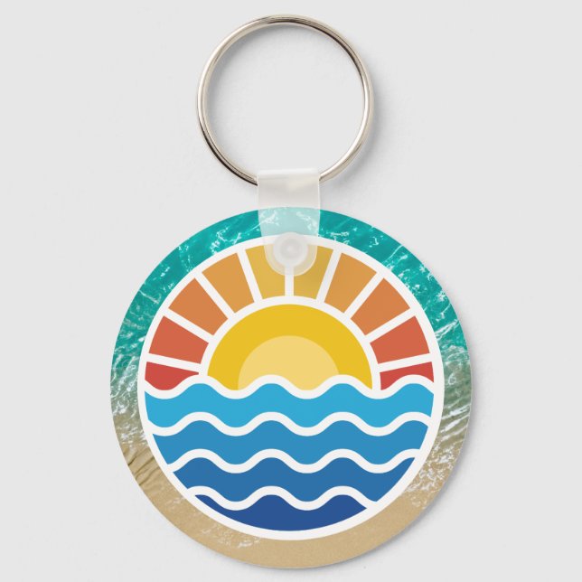 Vibrant Sunset and Blue Waves with Tropical Beach  Key Ring (Front)