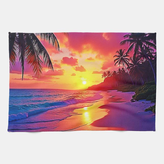 Vibrant Sunset Beach Dream Design Tea Towel (Horizontal)