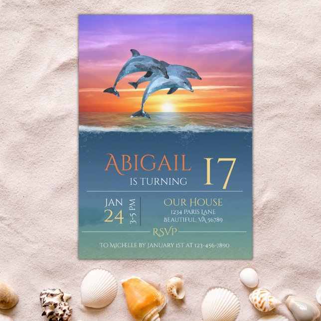 Vibrant Sunset Dolphins Jumping Ocean Birthday Invitation (Creator Uploaded)
