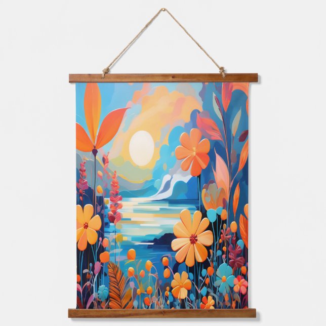 Vibrant Sunset Floral Landscape Nature Art Hanging Tapestry (Front)