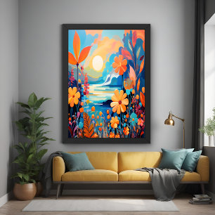 Vibrant Sunset Floral Landscape Nature Art Poster