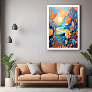 Vibrant Sunset Floral Landscape Nature Art Poster