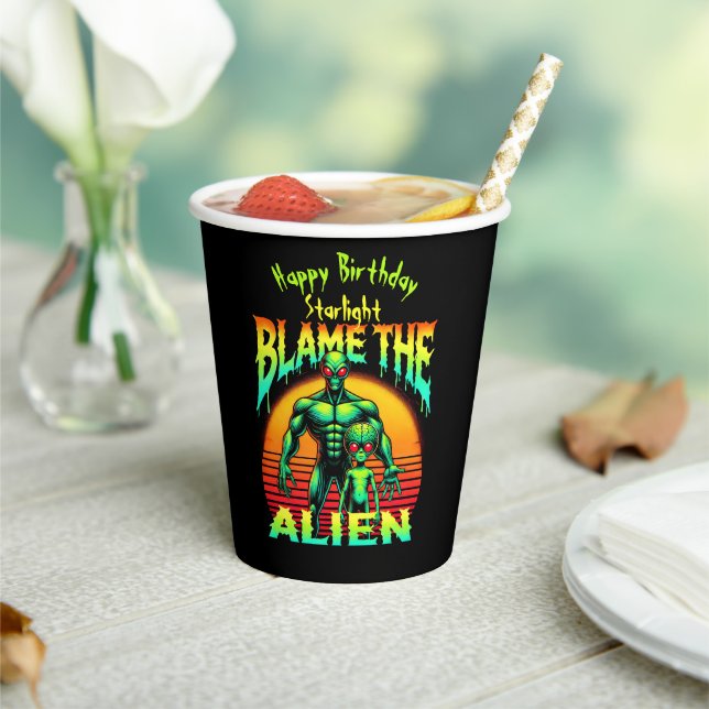 Vibrant Sunset Frames Green Alien Paper Cups (Insitu)