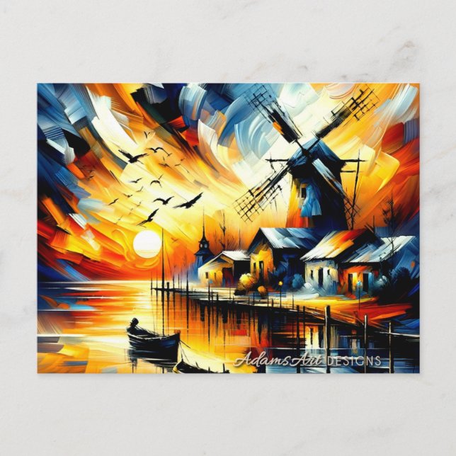 Vibrant Sunset Harbour Windmill Holiday Postcard (Front)