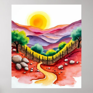 Vibrant Sunset Hillside with Lone Tree Watercolor Poster