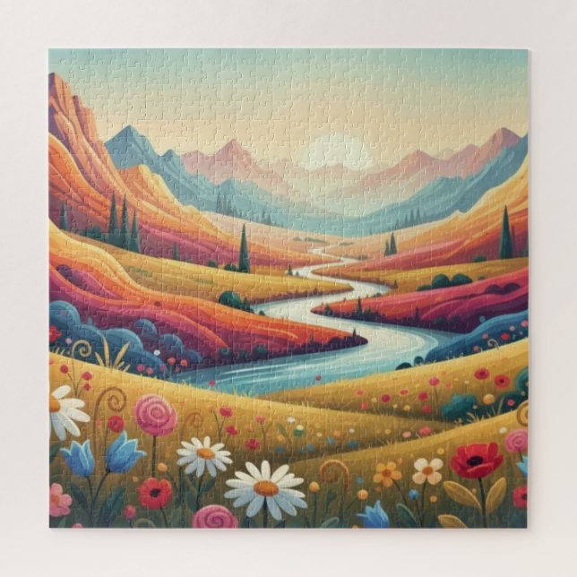 Vibrant Sunset Modern Mountain Landscape & Flower Jigsaw Puzzle (Vertical)