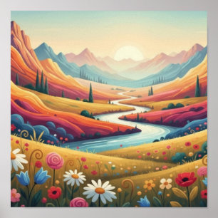 Vibrant Sunset Modern Mountain Landscape & Flower Poster