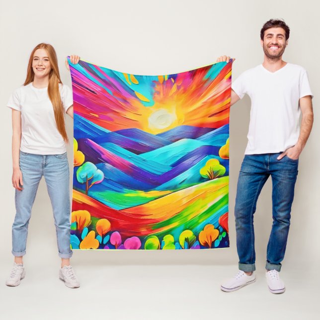 Vibrant Sunset Mountain Art Print Fleece Blanket (In Situ)