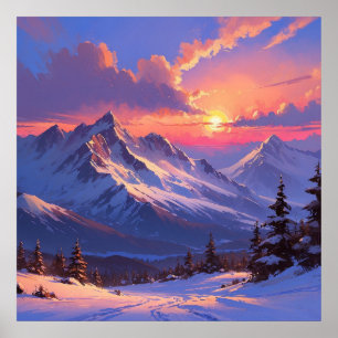 Vibrant Sunset Mountain Landscape Painting Poster