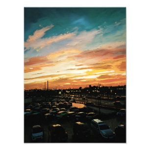 Vibrant Sunset Over Cityscape and Parking Lot Photo Print