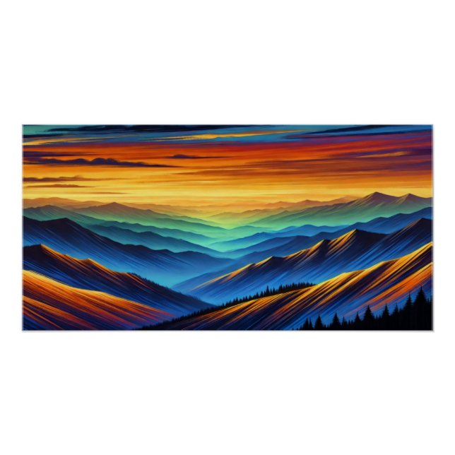 Vibrant Sunset Over Colourful Mountain Ranges  Poster (Front)