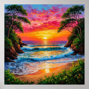 Vibrant Sunset Over Ocean Shore Poster
