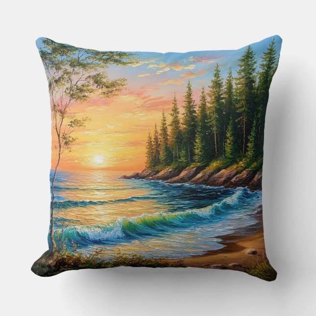 Vibrant Sunset Over Ocean Waves Cushion (Front)