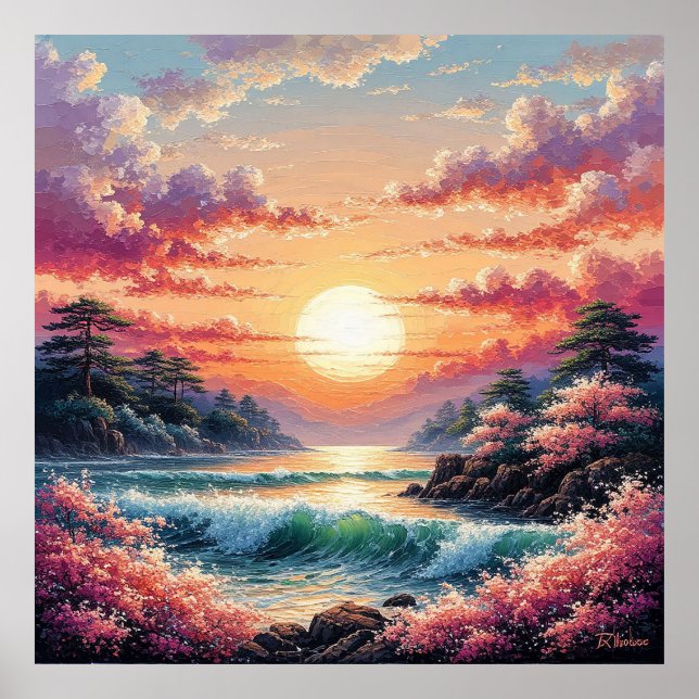 Vibrant Sunset Over Ocean Waves Poster (Front)