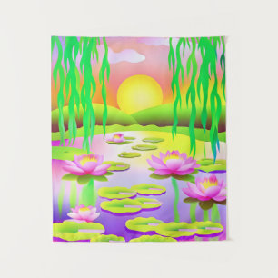 Vibrant Sunset Pond with Water Lilies Tapestry